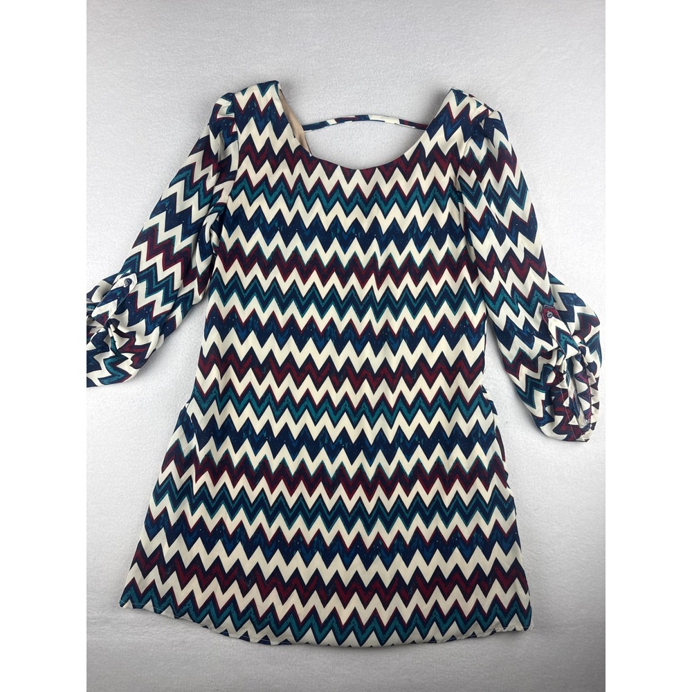 Speechless Womens Chevron Zig Zag Mini Dress Blue Red 3/4 Sleeve Open Back M